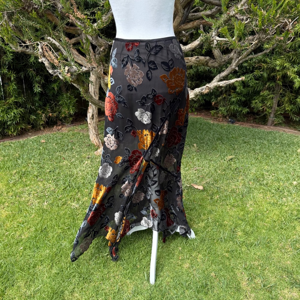Hartnell Burnout Velvet Floral Maxi Skirt Black Gold Devore Handkerchief XS - Picture 3 of 8